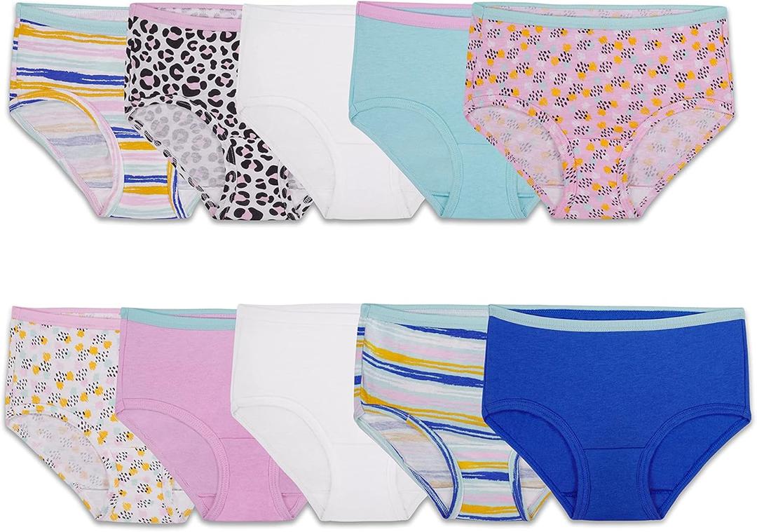 Fruit of the Loom Girls' Cotton Brief Underwear, Multipack (10, Brief - 10 Pack - White/Stripes/Animal Print)