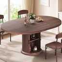 Jocoevol Extendable Round Kitchen Dining Room Table for 4-6 with 2-Tier Storage Shelf, 63'' Space Saving Expandable Wood Oval Circle Dinner Furniture with Pedestal Base (Brown)