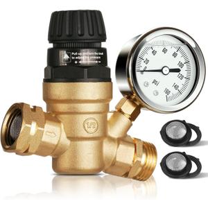SheeChung RV Water Pressure Regulator, Brass Lead-Free Adjustable Water Pressure Reducer with Gauge, Tool-Free Hand-Turn 0-160 PSI, 3/4" GHT for RV, Camper, Trailer, Garden Hose