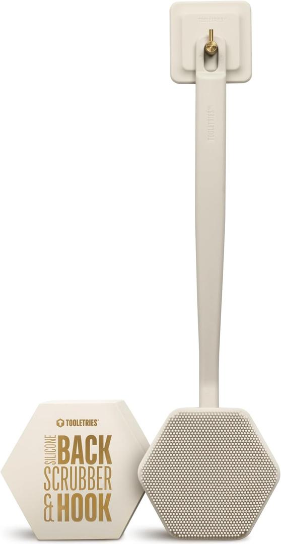 TOOLETRIES Silicone Back Scrubber with Hook - Exfoliating Shower Brush, Back Washer for Men, Durable Back Brush with Long Handle - Long Lasting Bath & Shower Accessories - Sand