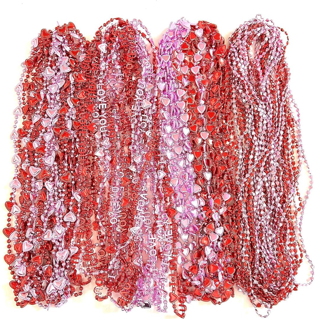 60 Pcs Valentines Day Heart Shaped Bead Necklace Bulk Bachelorette Pink Red Party Beads