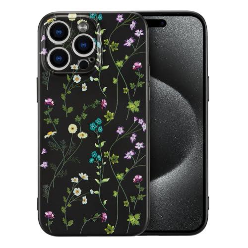 RALEAVO Floral Case for iPhone 16 Pro,Liquid Silicone Cover with Flower Cosmos Pattern Cute Phone Cover for Girls Women Slim Soft Rubber Protective Phone Case for iPhone 16 Pro (6.3"),Black