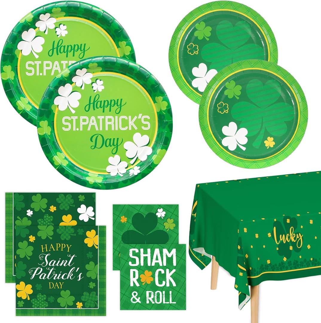 St. Patrick's Shamrock Party Supplies, Irish Clover Themed Disposable Plates Napkins and Tablecloth Tableware Set for Irish Shamrock and Roll Party Happy Saint Patricks Party Decorations, Serve 25