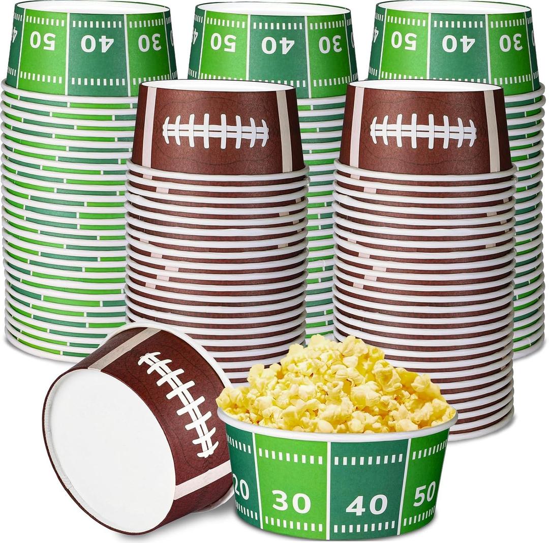 Qyeahkj 50pcs Large Football Party Snack Bowls Supplies Football Field and Rugby Serving Bowls 13.5oz Disposable Paper Football Chili Bowls Treat Cups Bucket for Game Day 2025 Football Birthday Party