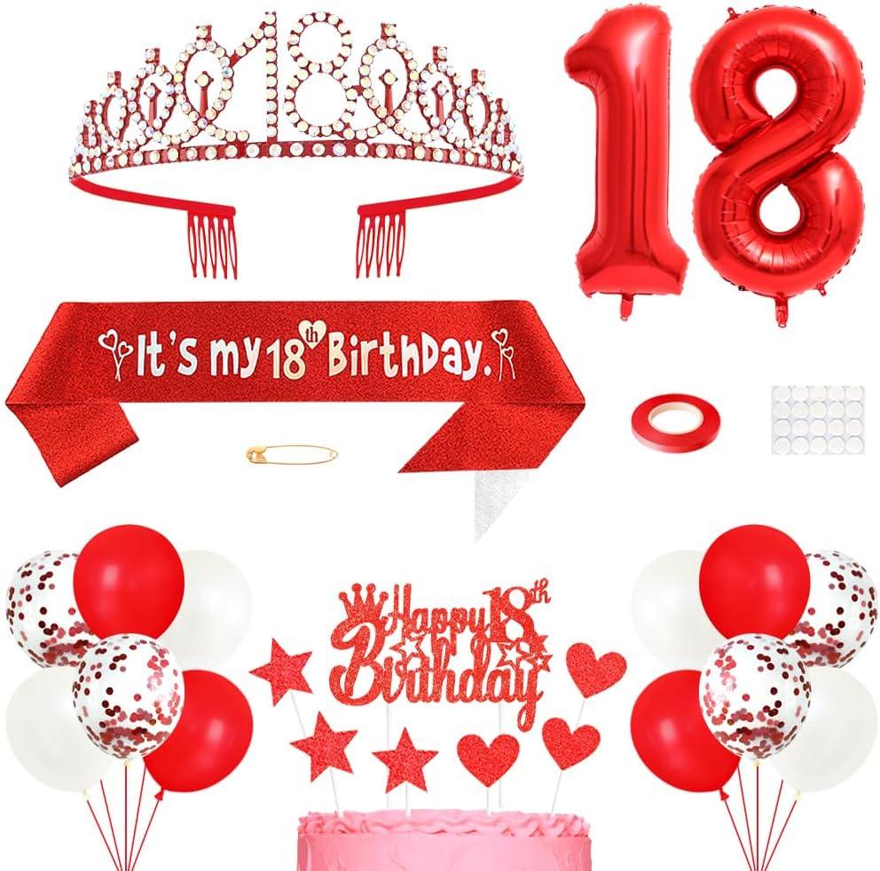 18th Birthday Decorations for Girls, Princess Crown Queen Tiara, It's My 18th Birthday Sash, 18 Year old Cake Topper, Number Balloons Set for Party Supplies, Red