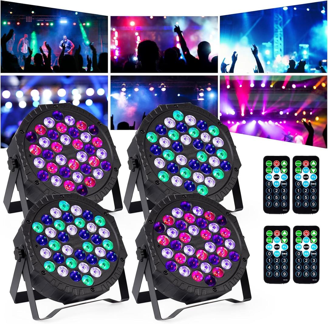 Stage DJ Par Lights for Party: 36 RGB LED Uplighting Stage Light with Sound Activated Remote DMX Control - Uplights Disco Lights for Parties Events Club Dance Stage Lighting (4 Pack)