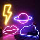 4 Pcs LED Decorative Neon Night Signs, Hanging Lighted Up Neon Sign for Bedroom Room Decor Neon Lights Led Cloud Signs Light Sign for Home Decor Pink/Blue Planet