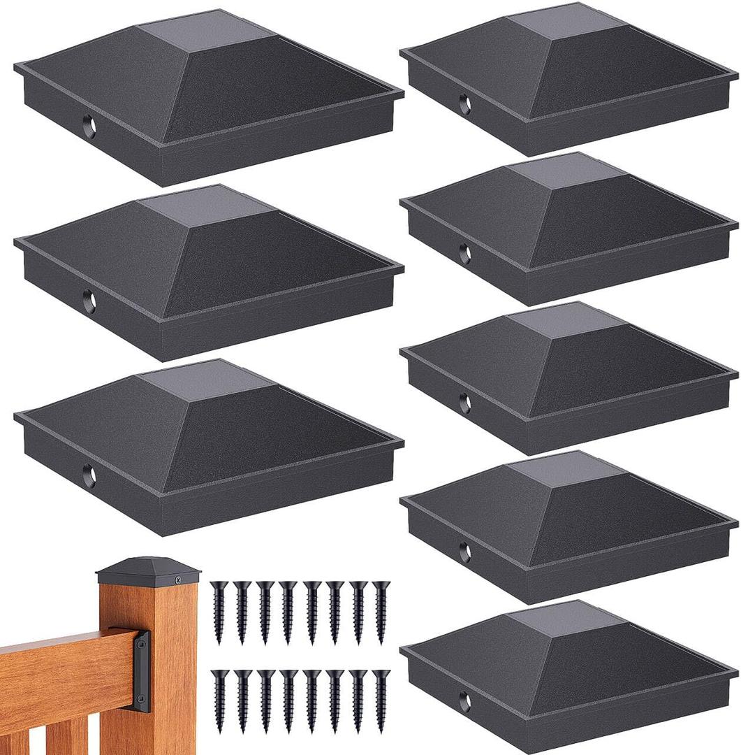 Goovilla 4x4 Post Caps Black(Actual 3.5" x 3.5"), 8 Pack Aluminum Metal Fence Post Caps with 16 Screws and Easy Installation, Waterproof Deck Post Caps with Fade-Resistant Coating, Protect Wood Post