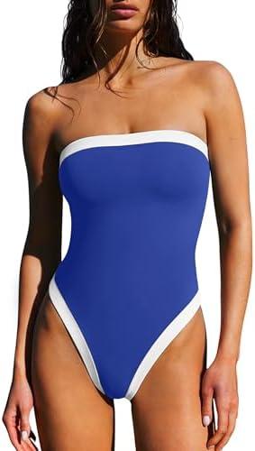 LASLULU Womens Sexy One Piece Swimsuit Strapless Padded Square Neck Bandeau Bathing Suits with Adjustable Spaghetti Straps, Large