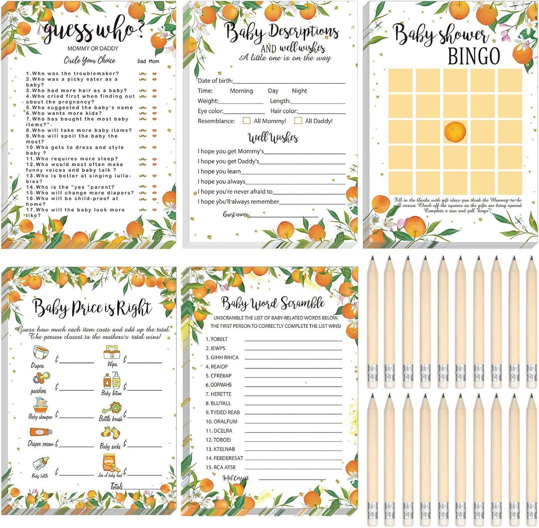 Yinder 145 Pieces Orange Little Cutie Baby Shower Games for Boy or Girl Game Activities Cards with 20 Pencils Includes Bingo Description and Wishes Guess Who Baby Price is Right, Word Scramble Game