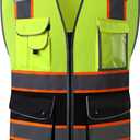 JKSafety 9 Pockets Class 2 High Visibility Dual Color Zipper Front MESH Lite Safety Vest | Orange Color Triming Reflective Strip | ANSI/ISEA Standards (100-Yellow-Black, M)