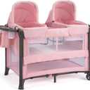 JOYMOR Twin Bassinet for Baby, Pink Bedside Bassinet, Convertible to Bedside Baby Bed and Playpen, with Wheel, Brake, Quick Foldable, Pink