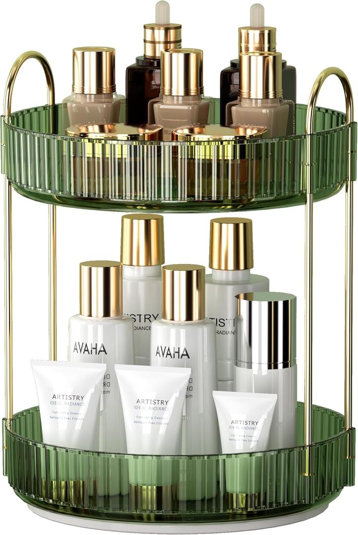 YCIA&DONE 360 Rotating Makeup Organizer and Storage for Vanity Countertop 2 Tiers, High Capacity Cosmetic Skincare Perfume Organizers for Dresser Bathroom Lazy Susan (Vintage Green)