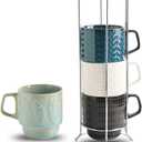 KOOV Ceramic Coffee Mug Set with Stand, 16 oz Coffee Mug for Coffee, Tea, Cocoa, Stackable Ceramic Coffee Cup Set of 4, Large Coffee Mugs Set of 4, Drinking Vessels for Women, Men (Blueset)