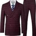 Mens Suits Slim Fit 3 Piece Double Breasted Tuxedo Suit Jacket Vest Pants Set for Wedding Prom (Medium, Burgundy Plaid)