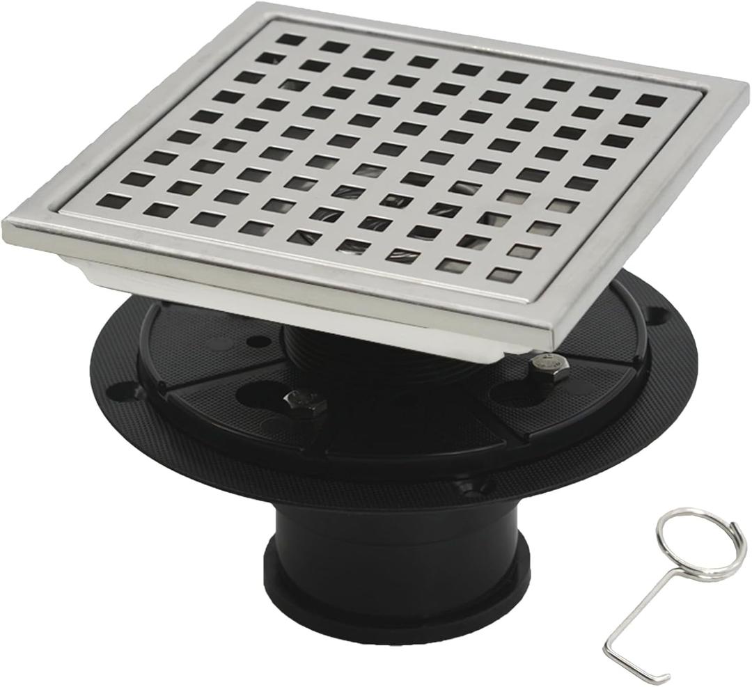 6 Inch Square Shower Floor Drain with Flange, Quadrato Pattern Grate Removable, Food-Grade SUS 304 Stainless Steel, Watermark with Filter Anti-Drop, Brushed Nickel (1005)
