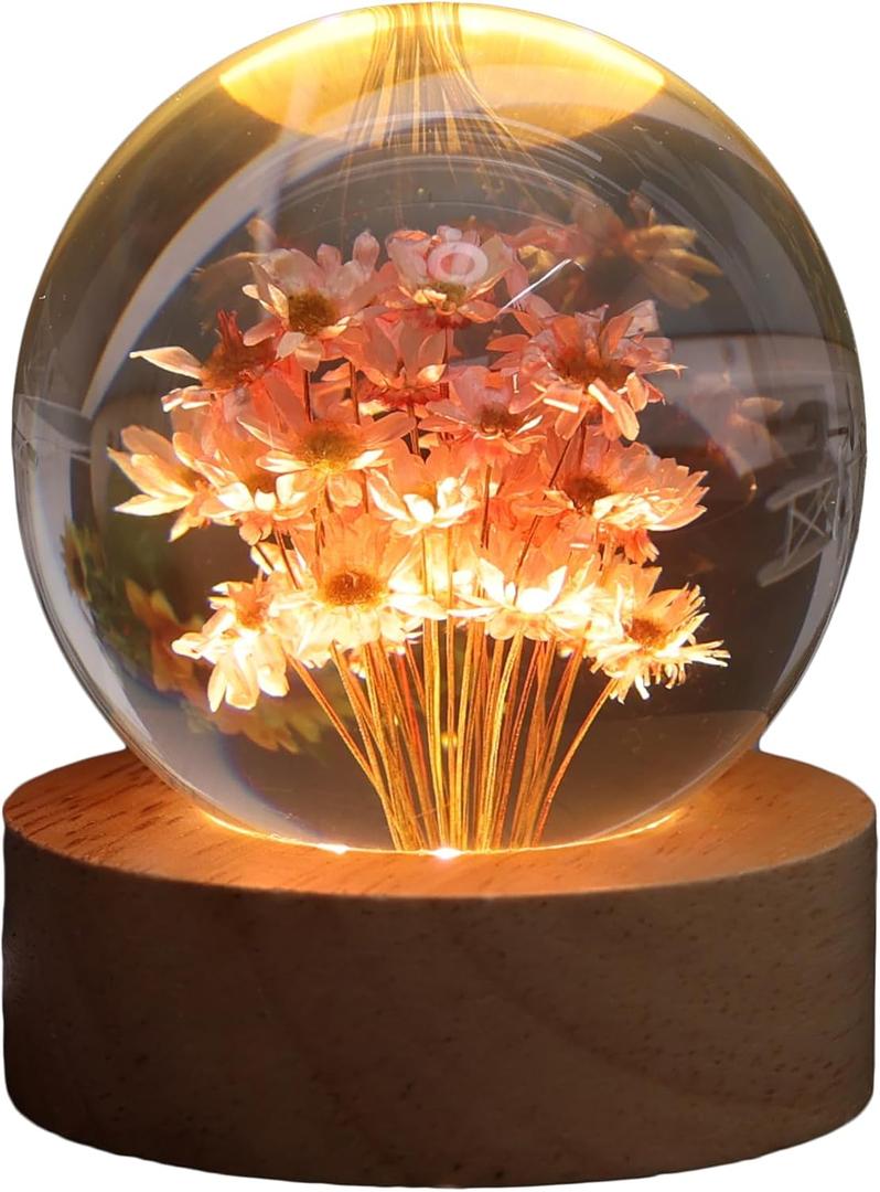 Suruim Daisy Flower Crystal Ball Night Light, Floral Resin Lamp Decor, Cute Daisy Gifts for Women and Girls, Flower Night Light for Bedroom, Living Room, or Office (Red Daisy)