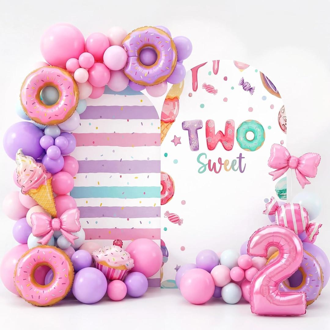 Tingjoo 2 Pack Two Sweet Birthday Party Decorations 7.2 ft, 6 ft Pink Donut 2nd Birthday Backdrop Arch Covers 2 Sweet Ice Cream Candy Backdrop for Girls 2 Years Old Donut Party Supplies Photo Props