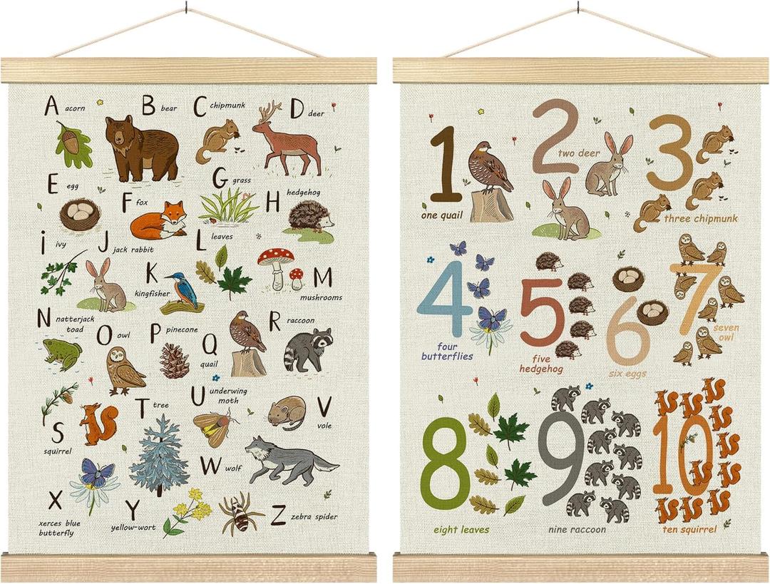 BCUANGD Alphabet Educational Wall Decor - Neutral Woodland Animals Poster Hanger with Wood Frames Set of 2, Kids ABC Numbers Wall Hanging Canvas Decor for Home Playroom Kids Room, 12x16 Inches