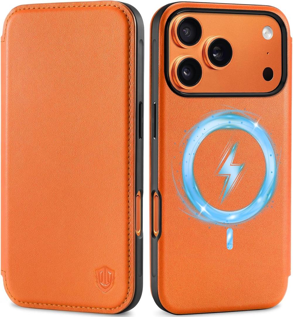 SHIELDON Slim Wallet Case for iPhone 17 Pro 6.3" 2025 | Genuine Leather, Wireless Charging, Folio Magnetic Closure, RFID Blocking Credit Card Holder, Shockproof Phone Cover - Orange