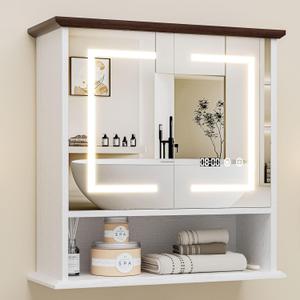 Bathroom Medicine Cabinet with Mirror, Lighted Storage Cabinet Wall Mounted with Doors & Adjustable Wood Shelf, Modern Bathroom Mirror with LED Lights Defogger for Makeup Laundry/Living Room, White