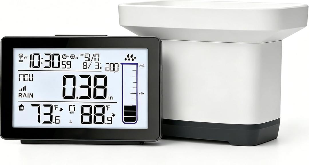 Digital Rain Gauge Outdoor with Thermometer, Self-Emptying Wireless Rain Gauges Outdoors Best Rated, Freeze Proof Automatic Rain Measure Gauge for Yard, High Precision Electronic Rain Collector