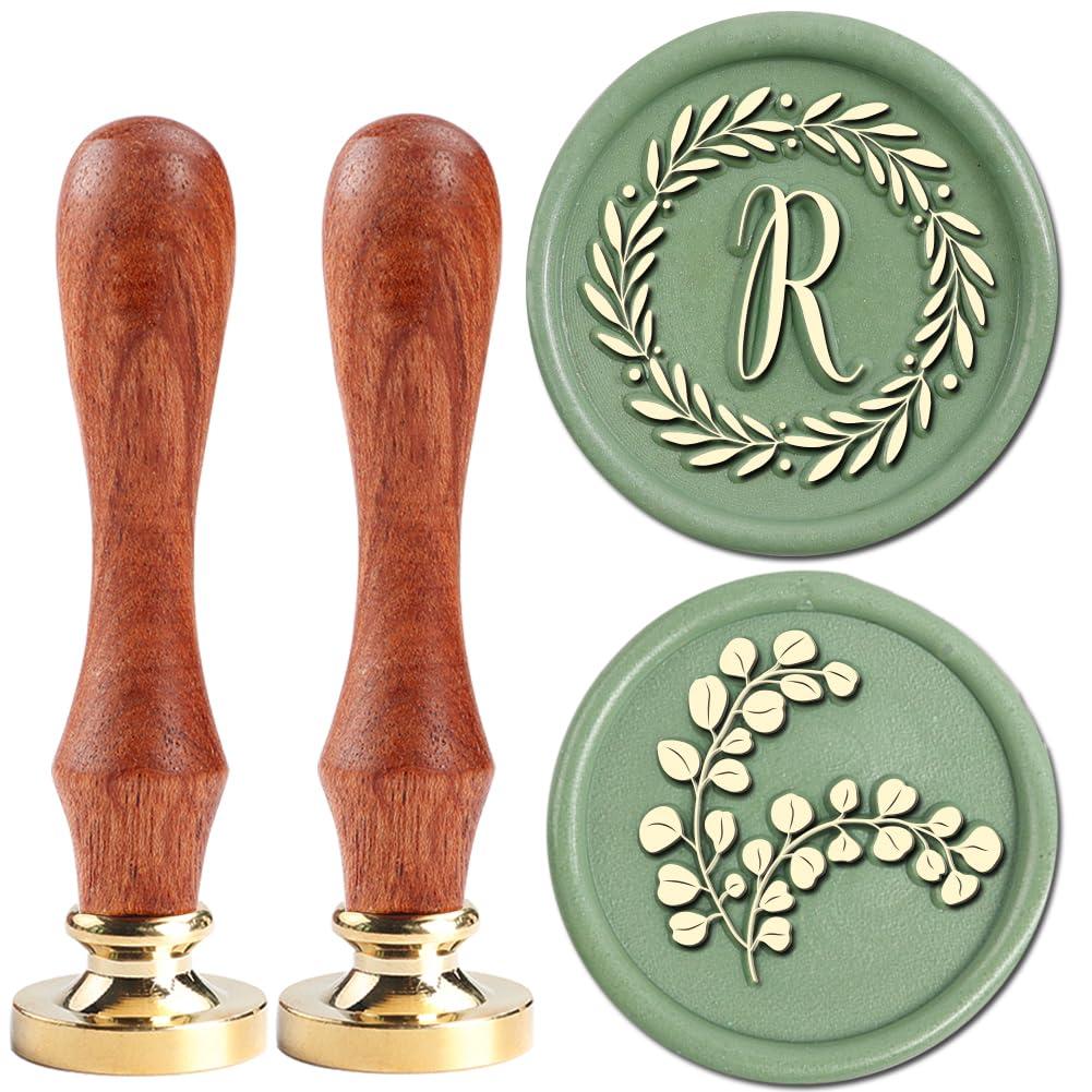 3 x YOLAKIS Initial R Wax Seal Stamp Olive Alphabet R Sealing Stamp and Eucalyptus Wax Stamp Brass Head Decorate Christmas Cards Envelope Gift Wrap Wedding Theme Party Invitation (R)