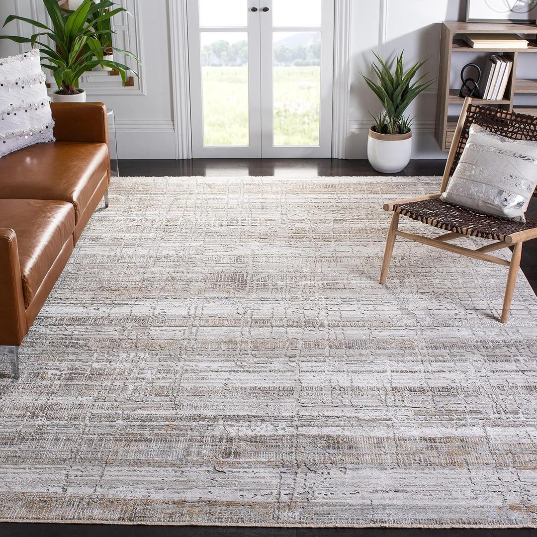 Area Rug 8x10  - Large - Ivory & Grey, Boho Tribal Distressed Viscose Design, Ideal for Living Room, Bedroom, Office, Dining Space