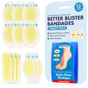 Dr. Frederick's Original Hydrocolloid Blister Bandages - 12 ct - Waterproof Heel Toe Pads - 40% More Cushioning - Blister Prevention & Treatment - Variety Pack Includes Heel, Toe, Spot Bandages