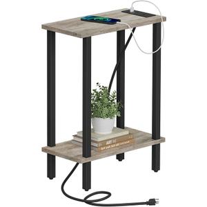 TUTOTAK Small End Table with Charging Station, Narrow Side Table with USB Ports and Outlets, Skinny Sofa Table, Slim Nightstand, Living Room, Bed Room, Greige TB01BG060, 2-Tier7.9"D x 15.8"W x 22.5"H