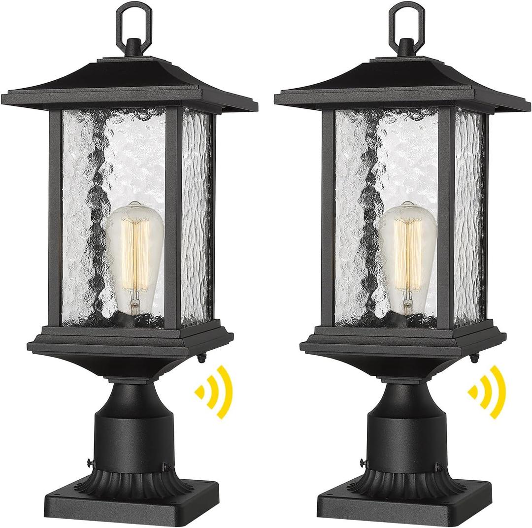 Beionxii Dusk to Dawn Outdoor Post Lights, 21inch Large Exterior Lamp Post Light Pier Mount Lantern with Base, Black Cast Aluminum w/Water Glass - A272P-2PK (NOT Solar, 110-120V AC), Extra Large