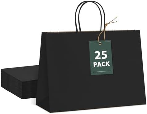GSSUSA Large Paper Bags with Handles16x6x12 25 Pack, Gift Bag for Small Business, Paper Shopping Bag, Grocery, Food Service Take Out, Large Kraft Paper Bags, Bulk, Black