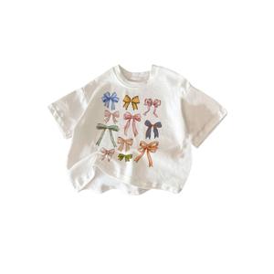 QJQ Girl's Cute Graphic T Shirts Short Sleeve Crewneck Tees Summer Trendy Preppy Tops Clothes Multicolor Bow, 10 Years