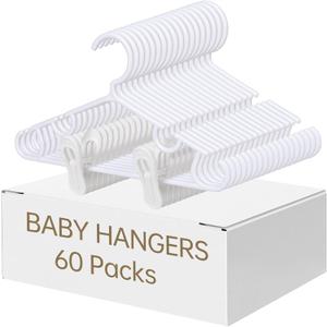 Nursery Baby Hangers with Clips, 20 Newborn Kids Plastic Clothes Hangers for Toddler Pants with 40 Clips for Children's Clothes Packs (White, 60 Packs)