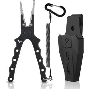 Piscifun Fishing Pliers, Saltwater Fishing Pliers with Split Ring, Fish Hook Remover, Corrosion Resistance Fly Fishing Pliers with Braid Cutters, Sheath and Lanyard, Fishing Gear Gifts for Men (Black)