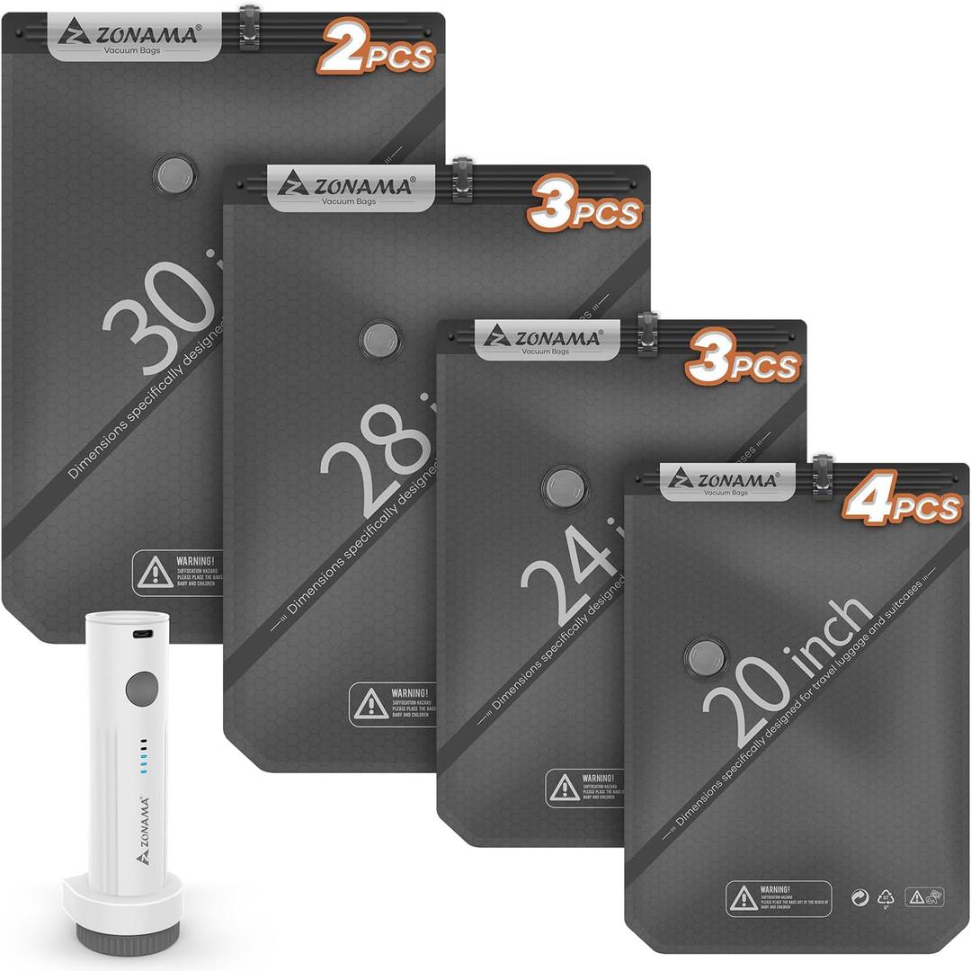 Vacuum Storage Bags for Travel with Wireless Rechargeable Air Pump, 12 Pack Travel Essentials Space Saver Compression Bag for Luggage, Suitcase, Backpack, Vacuum Seal Bags for Home Storage Clothing