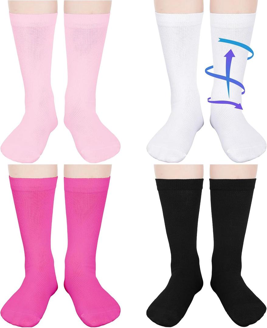 4 Pairs Kids Compression Socks 15-20 mmHg Knee Length Compression Stockings Travel Socks for Kids Childrens (Solid Style, Black, White, Pink, Rose Red)