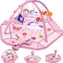 Unicorn Baby Gym Play Mat, 9-in-1 Tummy Time Mat with 7 Baby Toys, Washable Baby Activity Mat for Visual, Sensory, Motor Development, Newborn Baby Toys Gift for Toddler 0-3-4-6-9-12 Months (Pink)