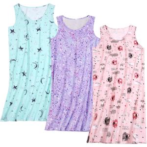 3 Pack Cotton Nightgowns for Women Casual Print Sleepwear Sleeveless Sleepdress S-XXXL