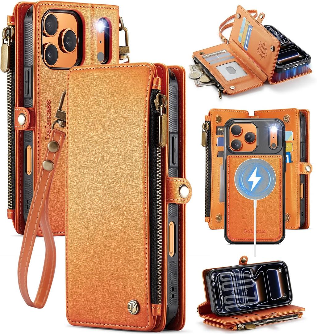 Defencase for iPhone 17 Pro Magnetic Wallet Case Compatible with Magsafe with RFID Blocking Zipper & Card Holder for Women Men PU Leather Strap Detachable Case for iPhone 17 Pro (6.3 inch), Orange