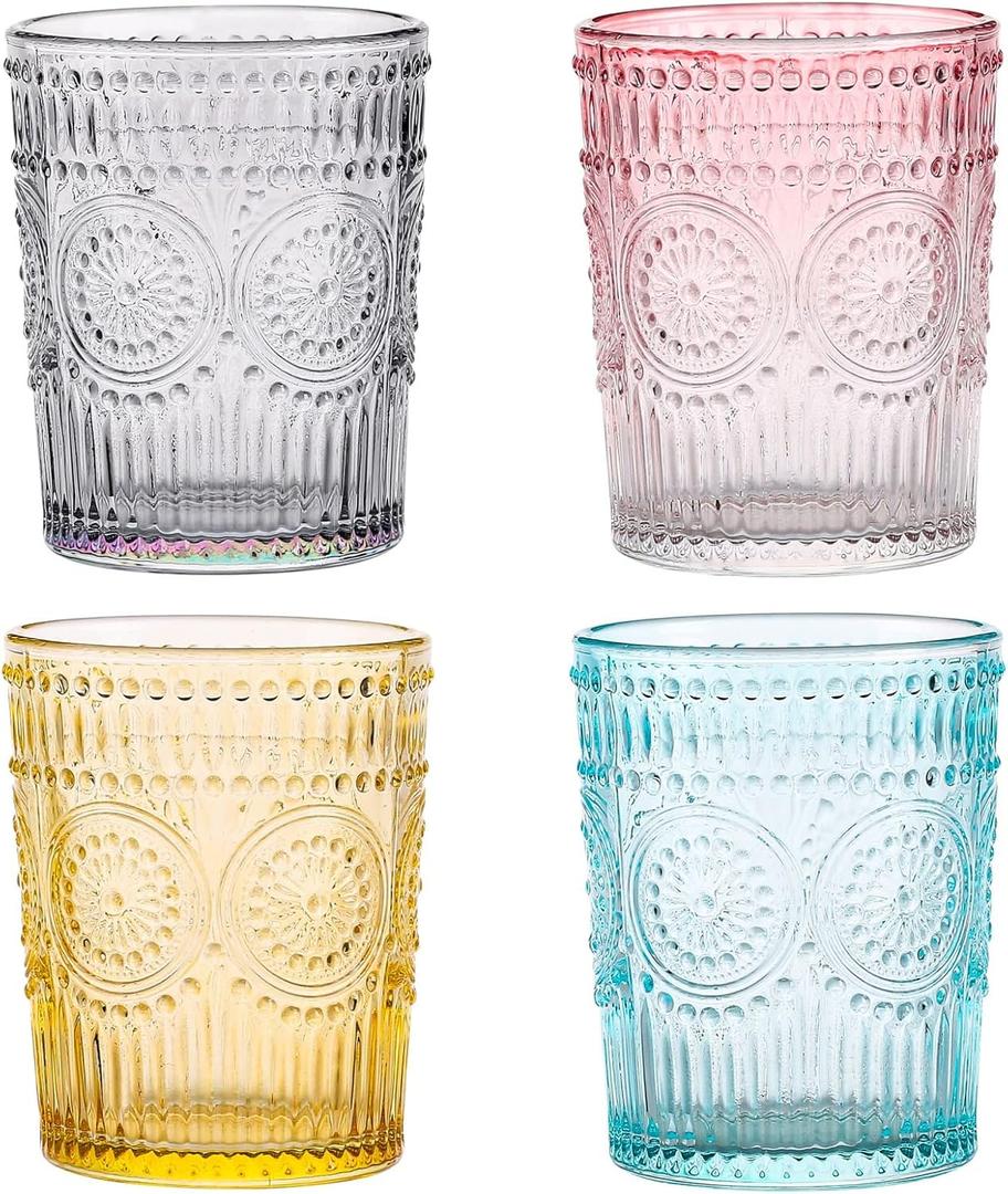 Amzcku Colored Drinking Glasses Set of 4, Vintage Glassware 10 oz- For Cocktails, Mixed Drinks, Whiskey, Beverage, Water, Milk and Juice (colored Flower Tumbler)