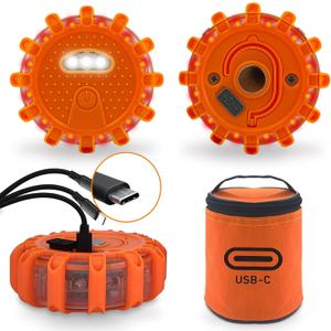 Ecoangel USB-C Rechargeable LED Road Flares Emergency Lights-Large Capacity (Lithium Battery) 3 in 1 Cable Roadside Warning Car Safety Beacon Flashing Disc Kit with Magnetic Base for Vehicles