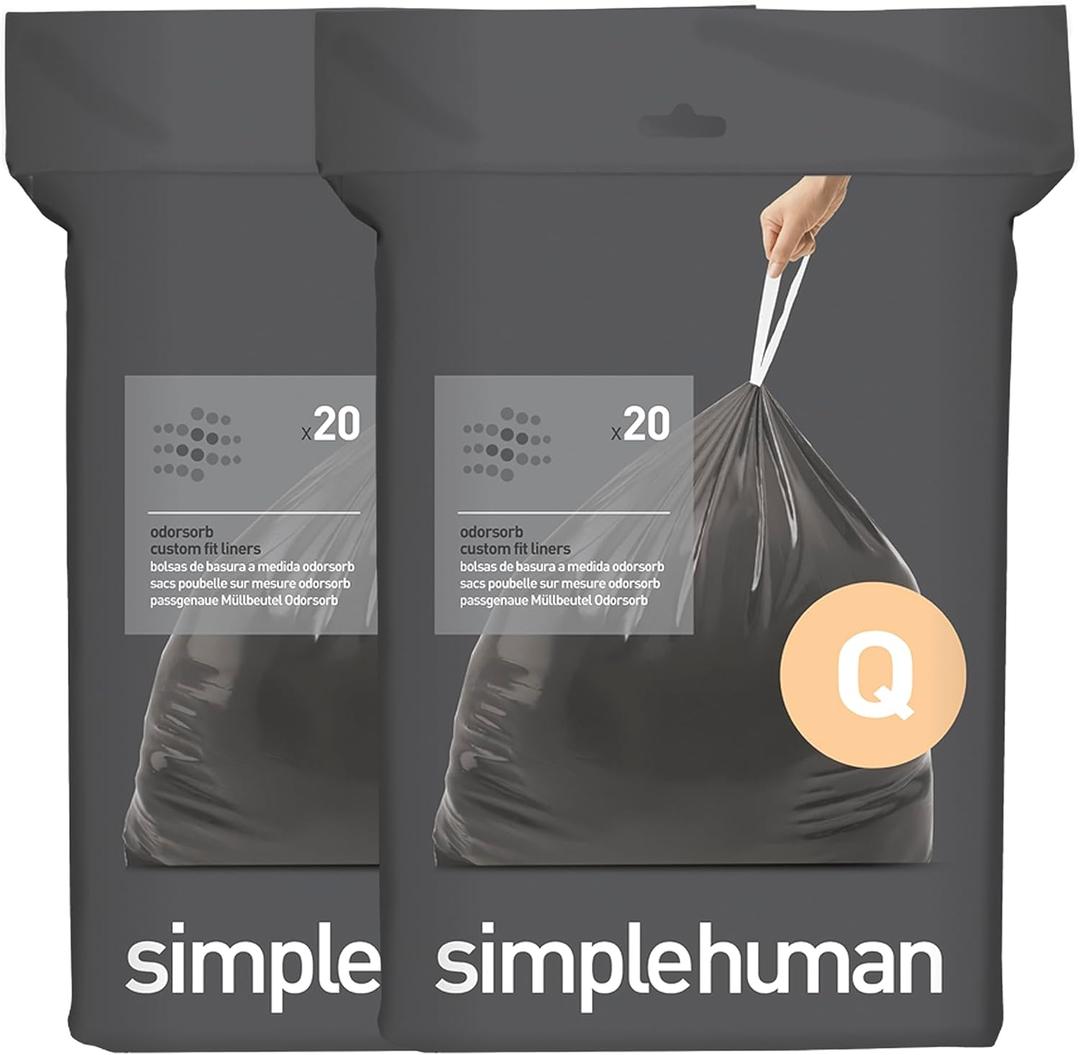 simplehuman Code Q 40 Count, Genuine Odorsorb Custom Fit Liners, Drawstring Odor Absorbing Trash Bags in Dispenser Packs, 50-65 Liter / 13-17 Gallon
