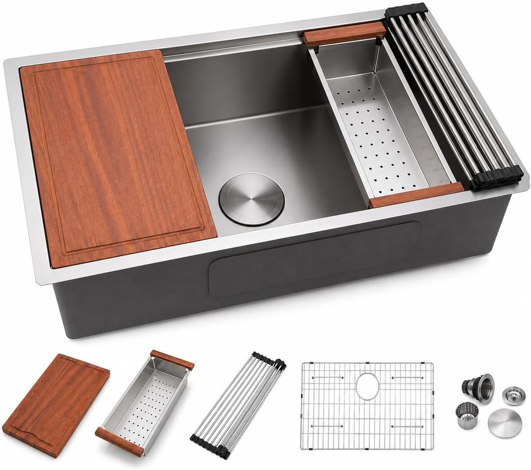 Dcolora 33 in. Undermount Workstation Kitchen Sink, 16 Gauge 304 Stainless Steel Handmade Welding Single Bowl Sink with Accessories, Round Corner 33"x19"x10" #DC-U7701