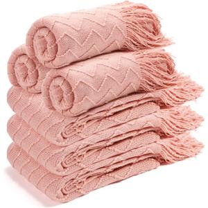 Buryeah 6 Pack Boho Knitted Throw Blankets with Tassels 50x60 Soft Warm Throws Bulk for Wedding Guests Housewarming Employee Teacher Appreciation Gifts Cozy Farmhouse Home Decor (Pink)