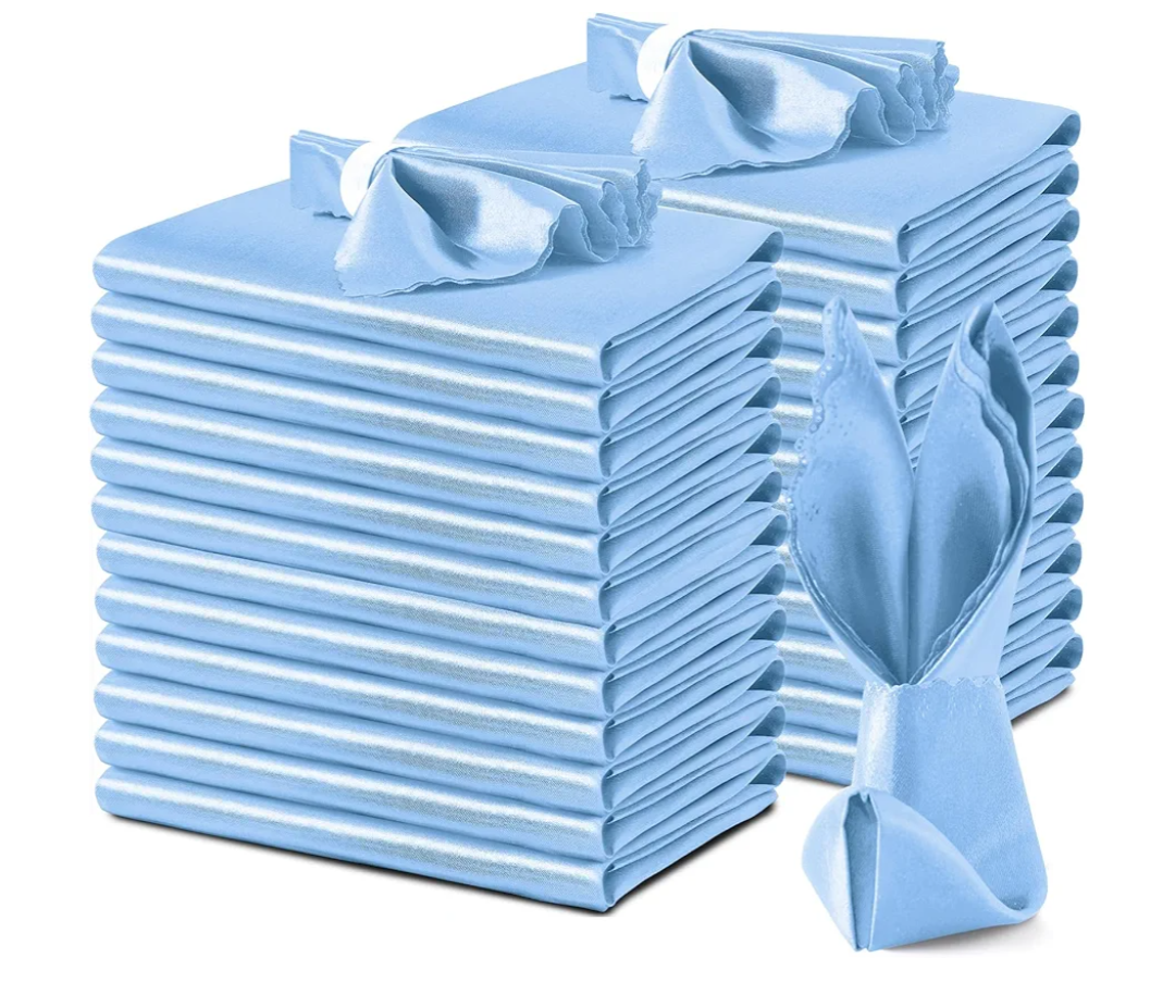 VACVELT 24 Pack Light Blue Satin 12x12 Inch Wedding Dinner Napkins, Scalloped Elegant Square Table Napkins for Restaurant Banquet Graduation Party