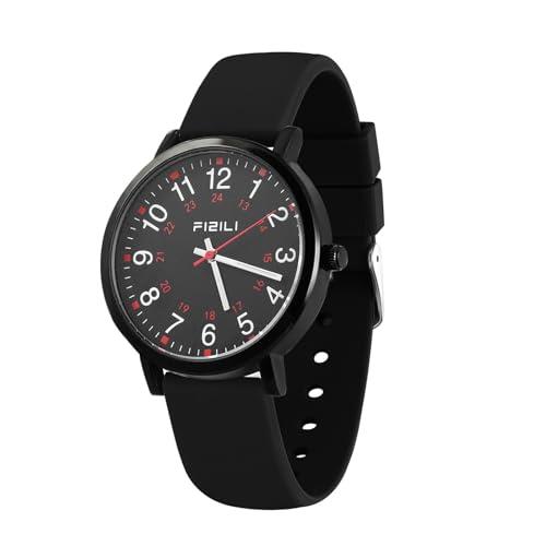OXFANITE Nurse Watch for Medical Professionals Students Doctors Women Men - Waterproof Military Time Luminous Easy Read Dial, 24 Hour with Second Hand, Silicone Band Watches （All Black）