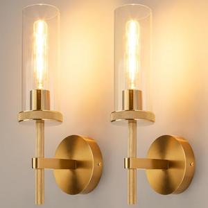 Micstar 15" Knurled Gold Hardwired Wall Sconces Set of 2, Bathroom Vanity Light Fixtures with Clear Glass Tube, Modern Lamp Lighting for Bedroom, Living Room, Hallway, Staircase, Mirror, Kitchen