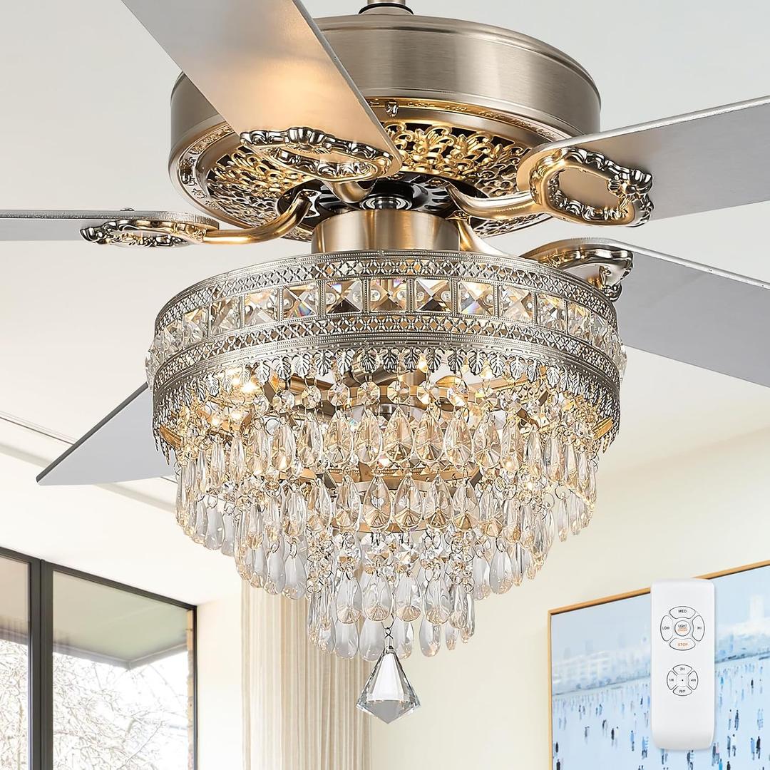 Crystal Chandelier Ceiling Fan, 3-Light Farmhouse Fandelier with Remote - Silent AC Motor, K9-Crystal, Wood Blades, 3-Speed and Timing, Energy-Efficient Ceiling Fans for living Room (52" Silver-Color)