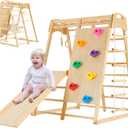 FUNLIO 8-in-1 Wood Indoor Playground for Kids 3-8 Years, Larger & Heavier Climbing Toys with Solid Pine, Indoor Gym for Kids with Swing/Slide/Climbing Rock/Net/2 Ladders/Monkey Bars/Gymnastic Rings